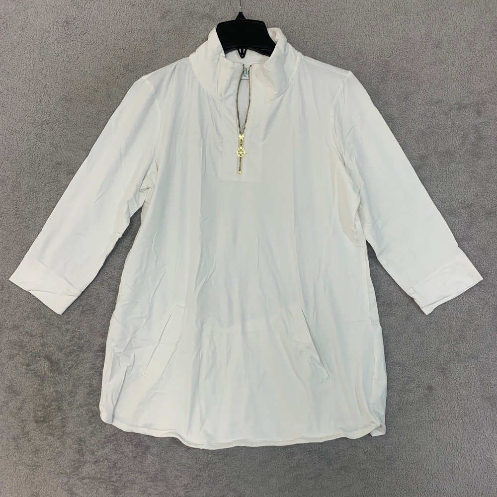 NWOT d&co. ACTIVE Tunic Top Women's Small White Cotton Spandex Quarter Zip